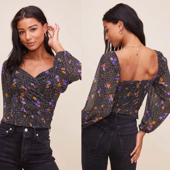 ASTR Shirred Puff Sleeve Sweetheart Neck Floral Smocked Top Size Medium Boho M - Picture 3 of 16